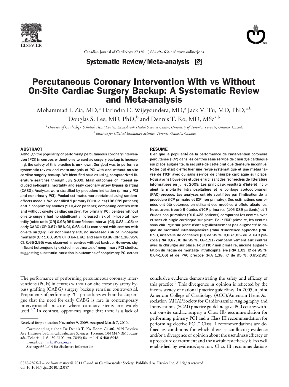 Percutaneous Coronary Intervention With vs Without On-Site Cardiac Surgery Backup: A Systematic Review and Meta-analysis