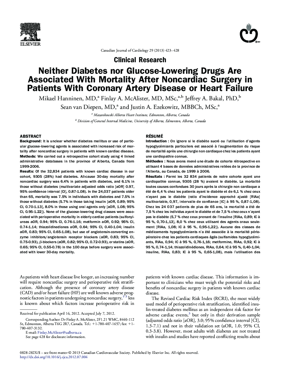 Neither Diabetes nor Glucose-Lowering Drugs Are Associated With Mortality After Noncardiac Surgery in Patients With Coronary Artery Disease or Heart Failure 