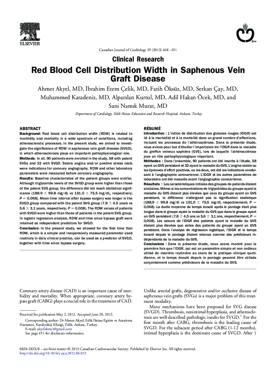 Red Blood Cell Distribution Width in Saphenous Vein Graft Disease 
