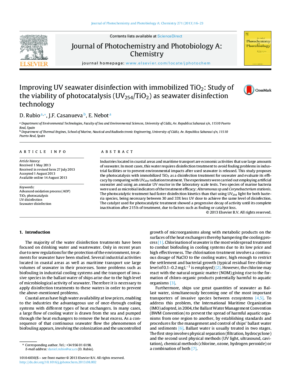 Improving UV seawater disinfection with immobilized TiO2: Study of the viability of photocatalysis (UV254/TiO2) as seawater disinfection technology