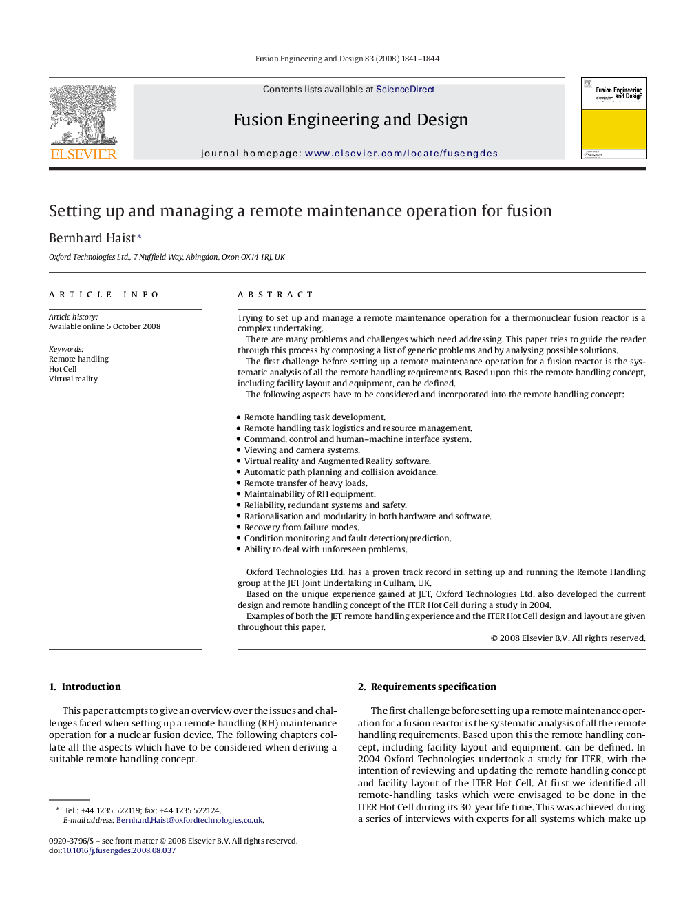 Setting up and managing a remote maintenance operation for fusion