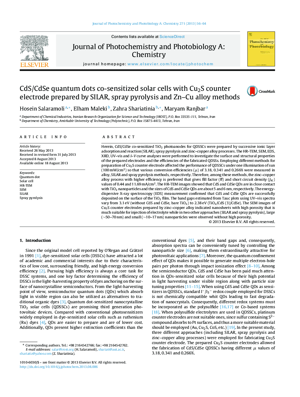 CdS/CdSe quantum dots co-sensitized solar cells with Cu2S counter electrode prepared by SILAR, spray pyrolysis and Zn–Cu alloy methods