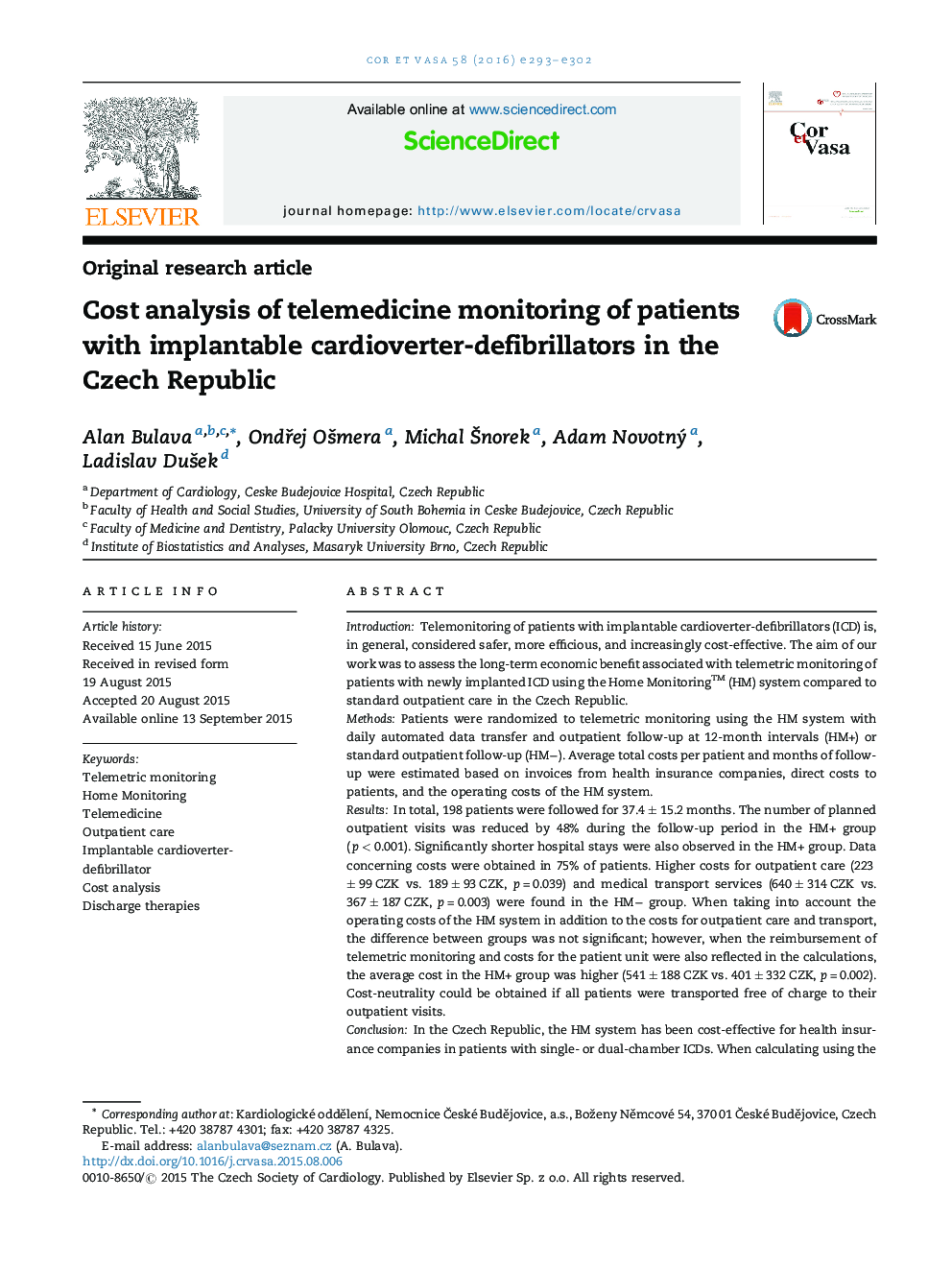 Cost analysis of telemedicine monitoring of patients with implantable cardioverter-defibrillators in the Czech Republic