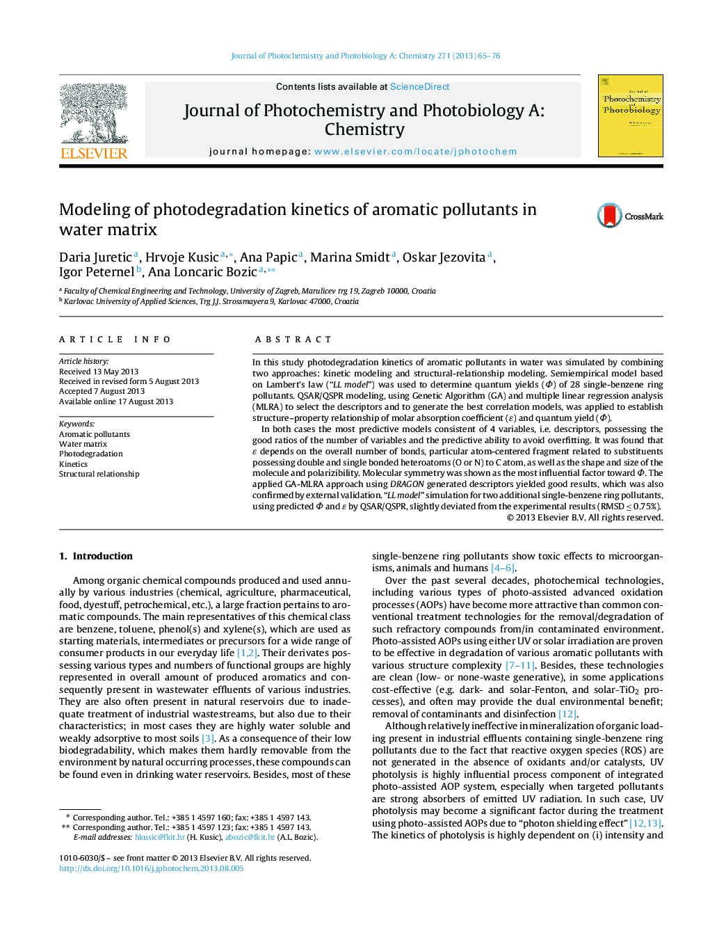 Modeling of photodegradation kinetics of aromatic pollutants in water matrix