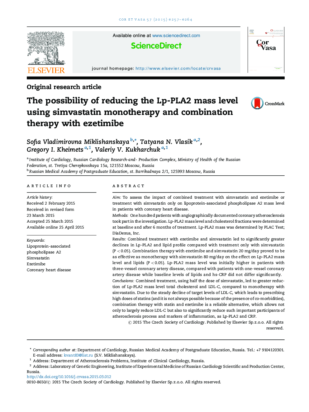 The possibility of reducing the Lp-PLA2 mass level using simvastatin monotherapy and combination therapy with ezetimibe