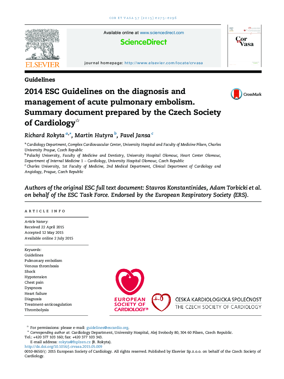 2014 ESC Guidelines on the diagnosis and management of acute pulmonary embolism. Summary document prepared by the Czech Society of Cardiology