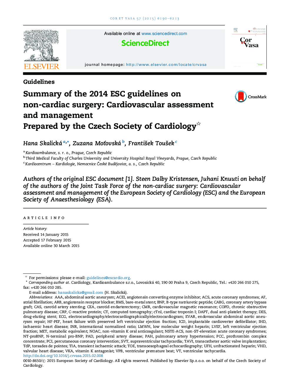 Summary of the 2014 ESC guidelines on non-cardiac surgery: Cardiovascular assessment and management