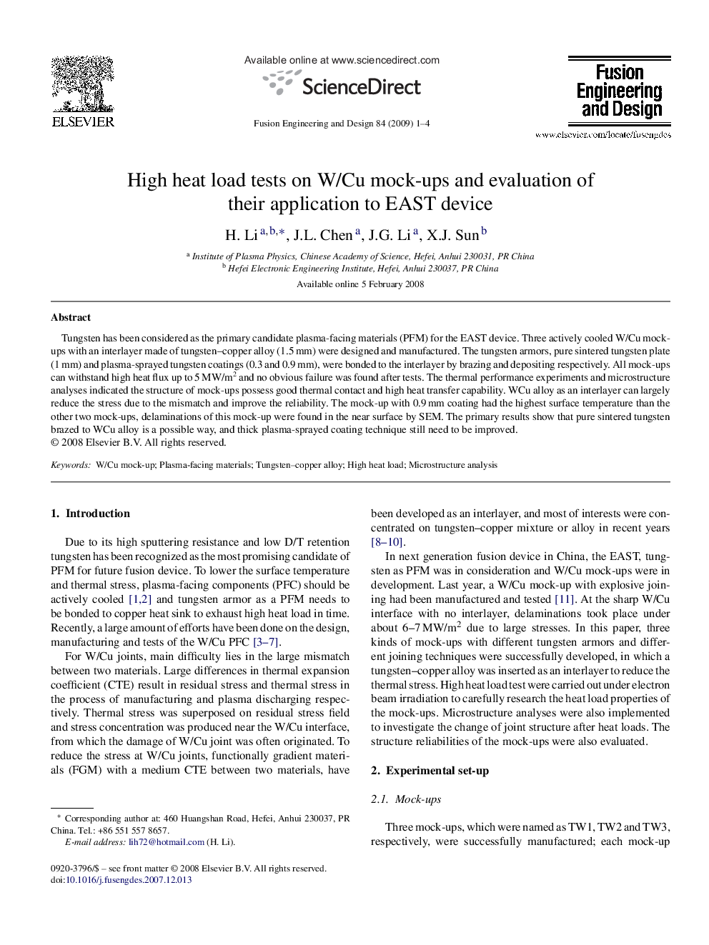 High heat load tests on W/Cu mock-ups and evaluation of their application to EAST device