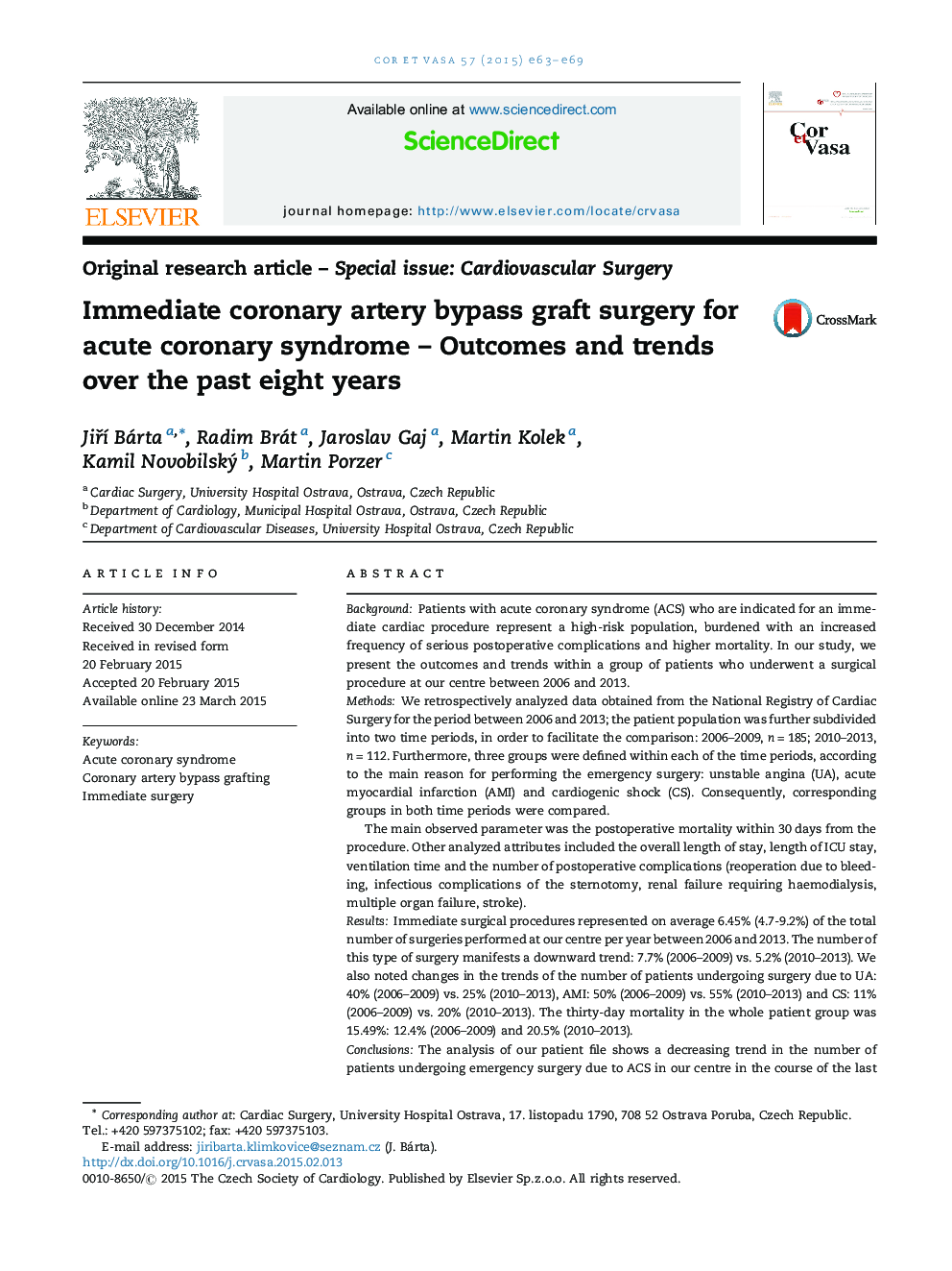 Immediate coronary artery bypass graft surgery for acute coronary syndrome – Outcomes and trends over the past eight years