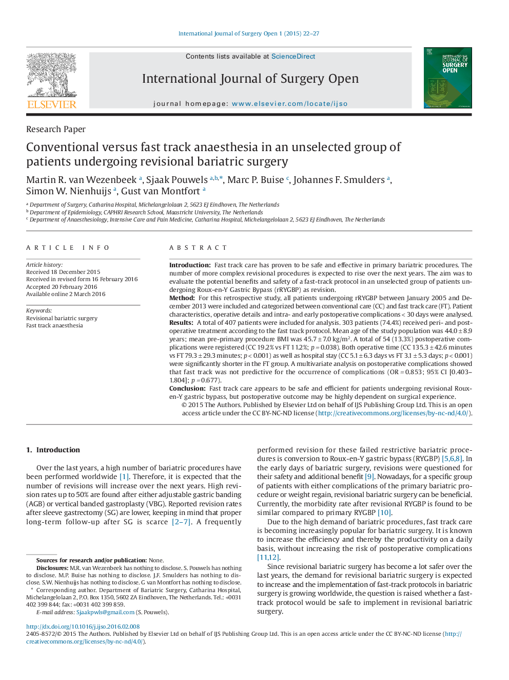 Conventional versus fast track anaesthesia in an unselected group of patients undergoing revisional bariatric surgery 