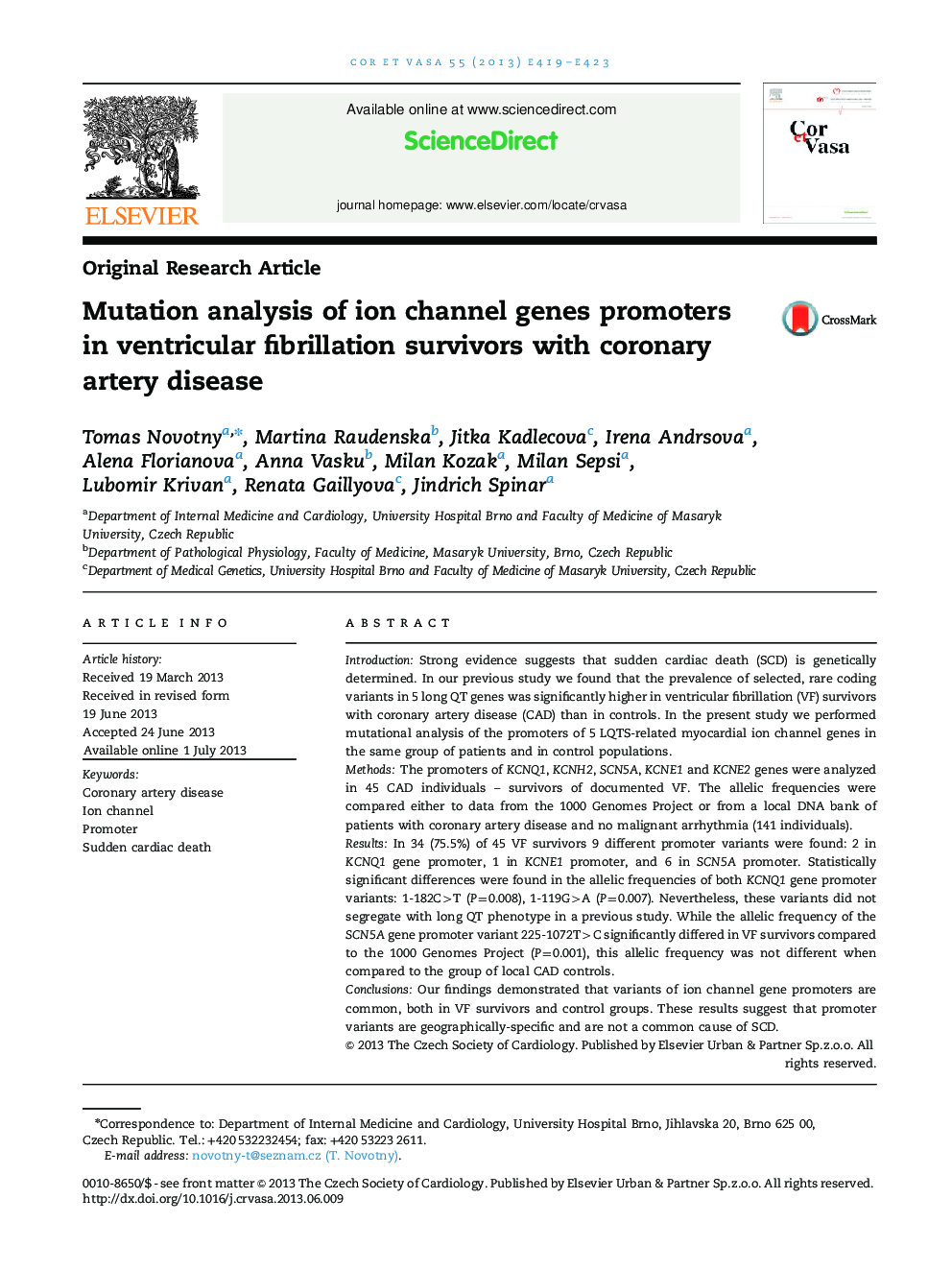 Mutation analysis of ion channel genes promoters in ventricular fibrillation survivors with coronary artery disease