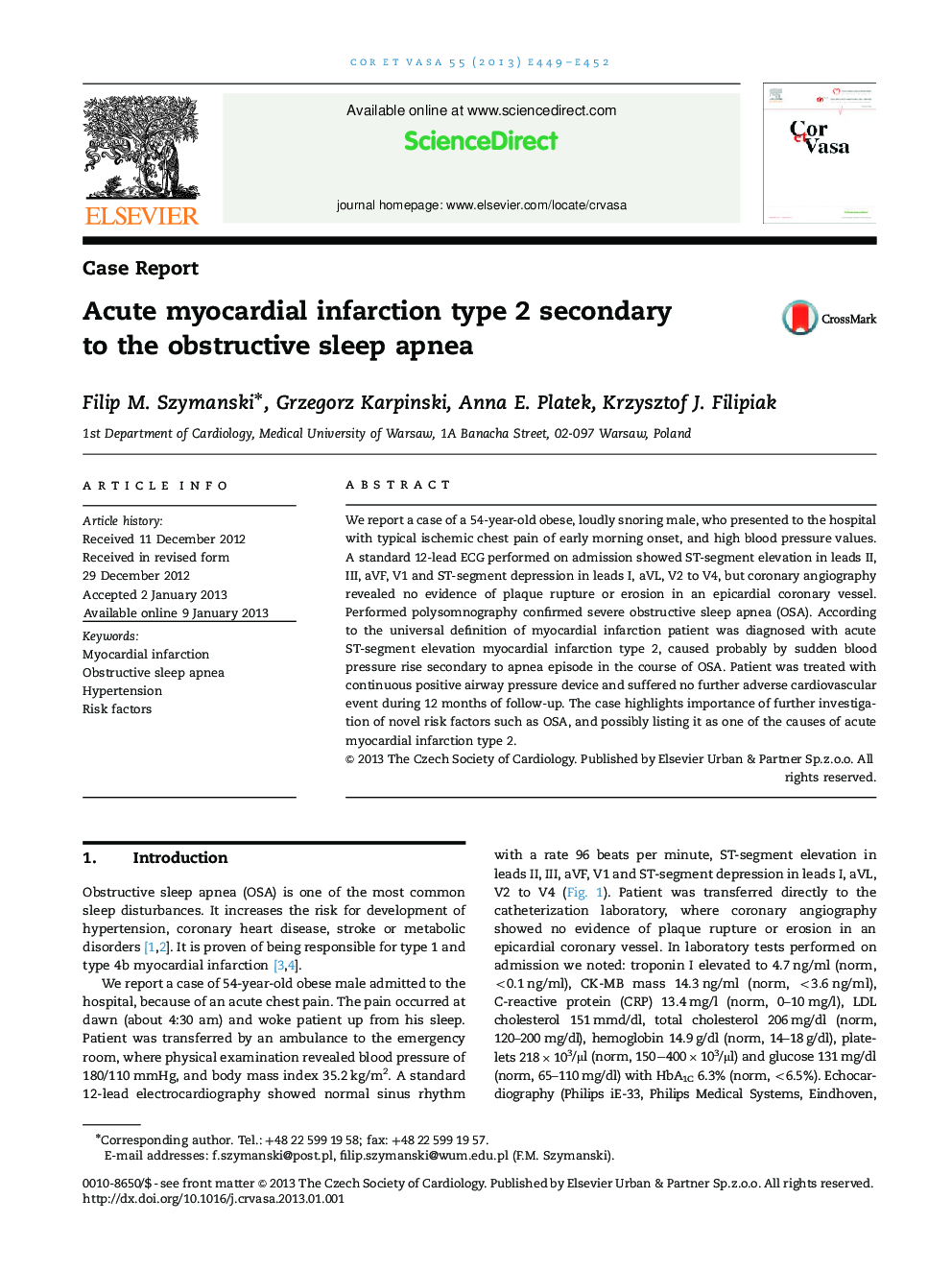 Acute myocardial infarction type 2 secondary to the obstructive sleep apnea