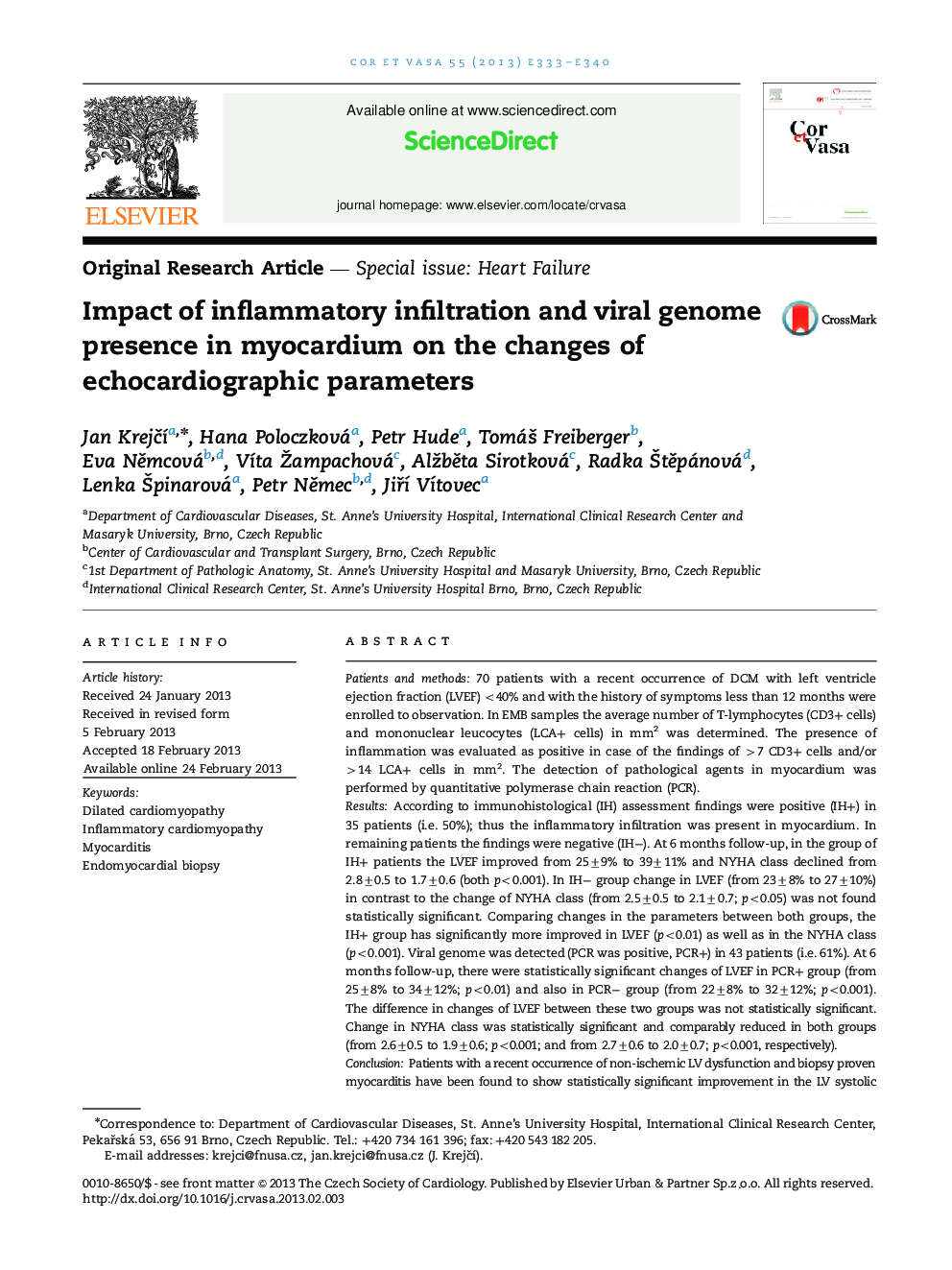 Impact of inflammatory infiltration and viral genome presence in myocardium on the changes of echocardiographic parameters