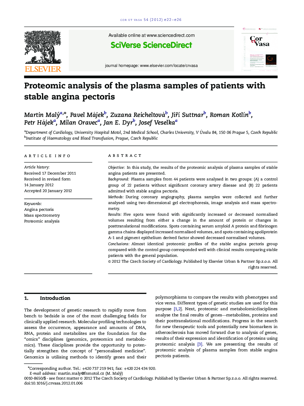 Proteomic analysis of the plasma samples of patients with stable angina pectoris