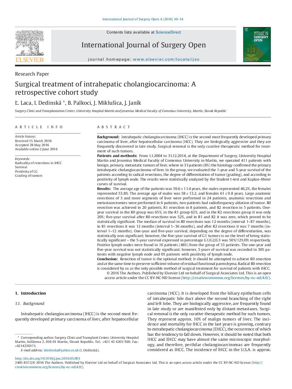 Surgical treatment of intrahepatic cholangiocarcinoma: A retrospective cohort study