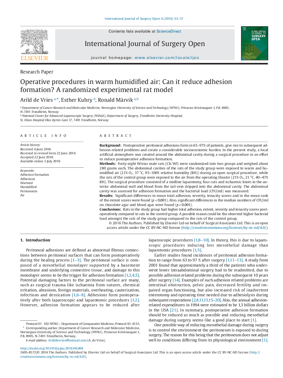 Operative procedures in warm humidified air: Can it reduce adhesion formation? A randomized experimental rat model 