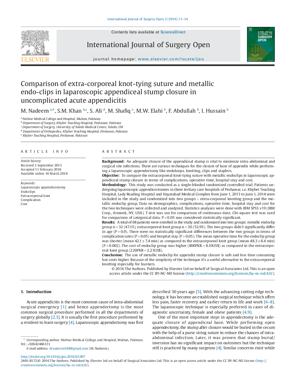 Comparison of extra-corporeal knot-tying suture and metallic endo-clips in laparoscopic appendiceal stump closure in uncomplicated acute appendicitis