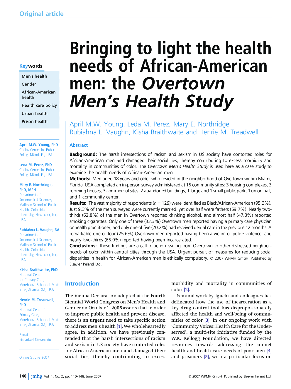 Bringing to light the health needs of African-American men: the Overtown Men's Health Study