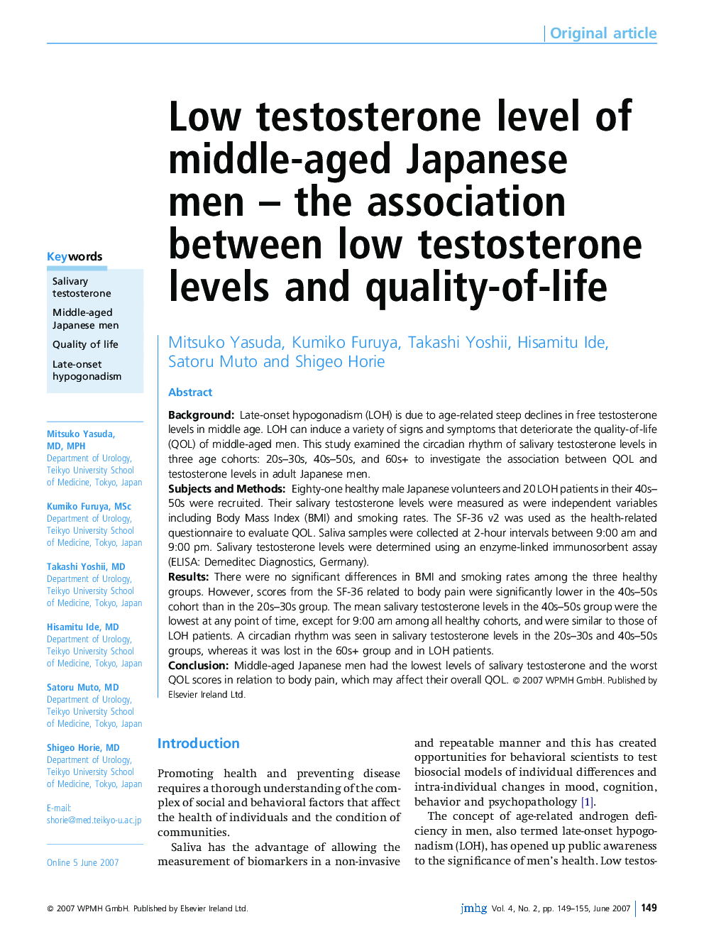 Low testosterone level of middle-aged Japanese men - the association between low testosterone levels and quality-of-life