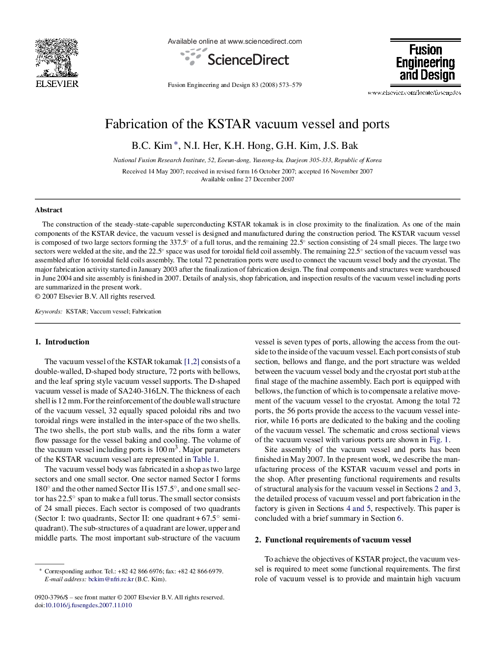 Fabrication of the KSTAR vacuum vessel and ports