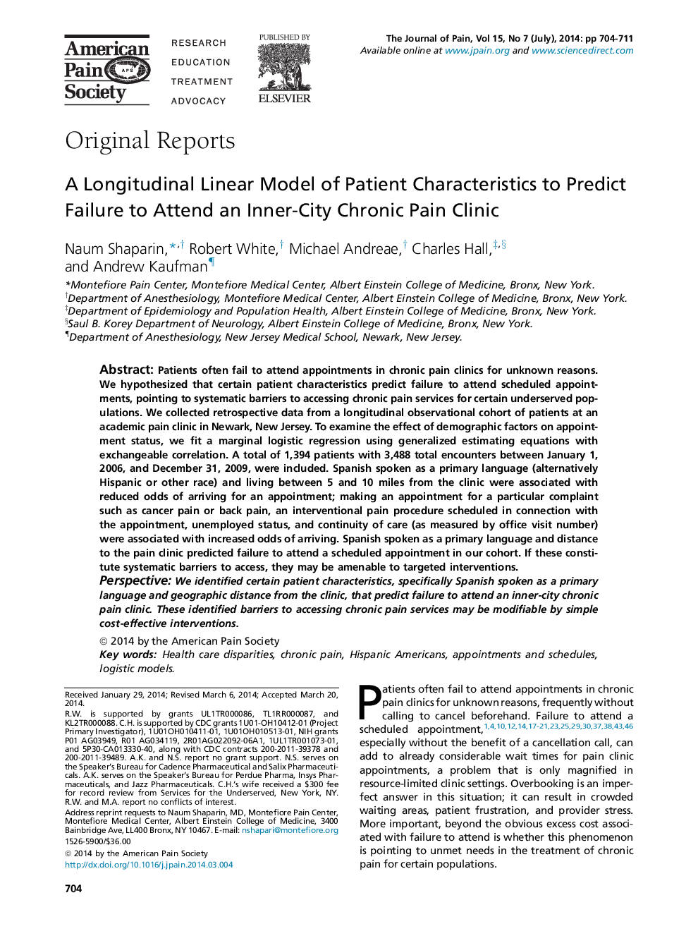 یک مدل خطی طولی از ویژگی های بیمارستانی به منظور پیش بینی از عدم حضور در کلینیک درد مزمن داخلی شهر 