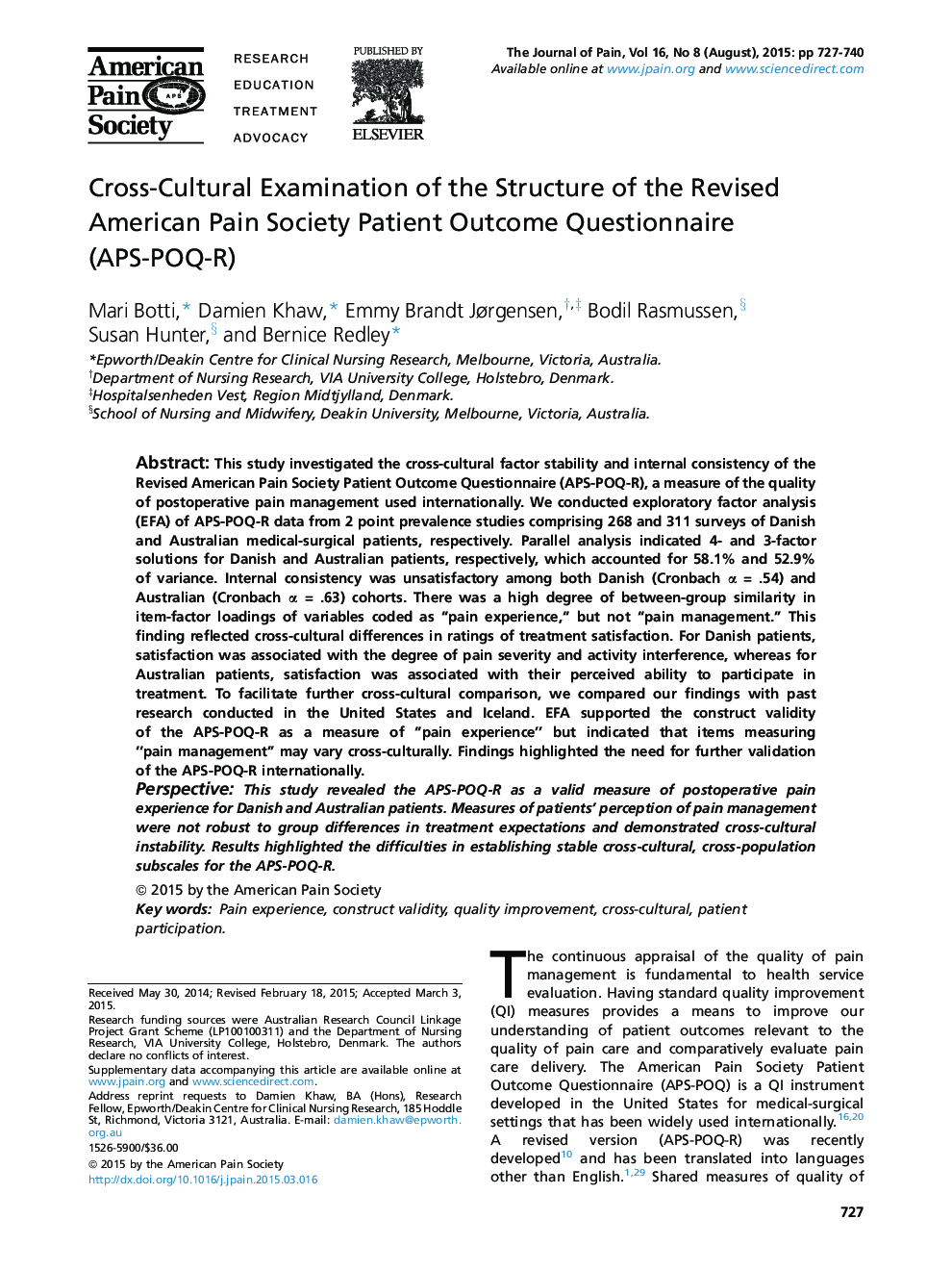 Cross-Cultural Examination of the Structure of the Revised American Pain Society Patient Outcome Questionnaire (APS-POQ-R) 