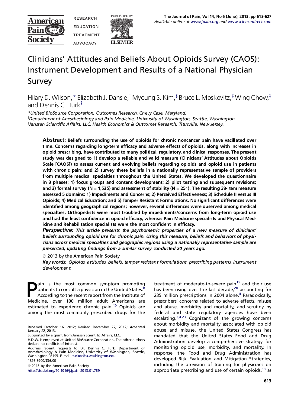 Clinicians' Attitudes and Beliefs About Opioids Survey (CAOS): Instrument Development and Results of a National Physician Survey 