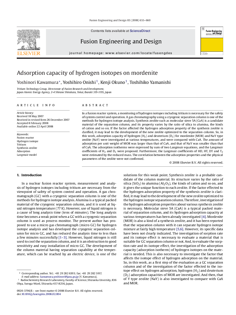 Adsorption capacity of hydrogen isotopes on mordenite