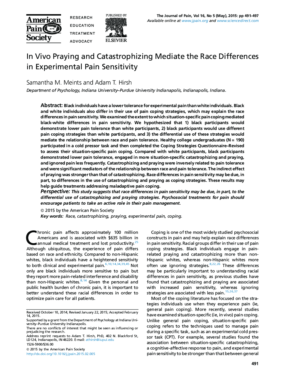 In Vivo Praying and Catastrophizing Mediate the Race Differences in Experimental Pain Sensitivity 