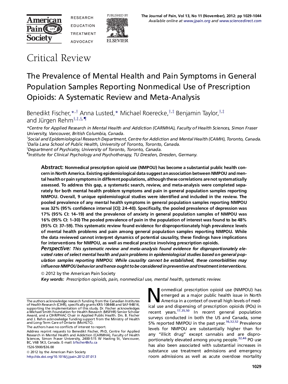 The Prevalence of Mental Health and Pain Symptoms in General Population Samples Reporting Nonmedical Use of Prescription Opioids: A Systematic Review and Meta-Analysis 