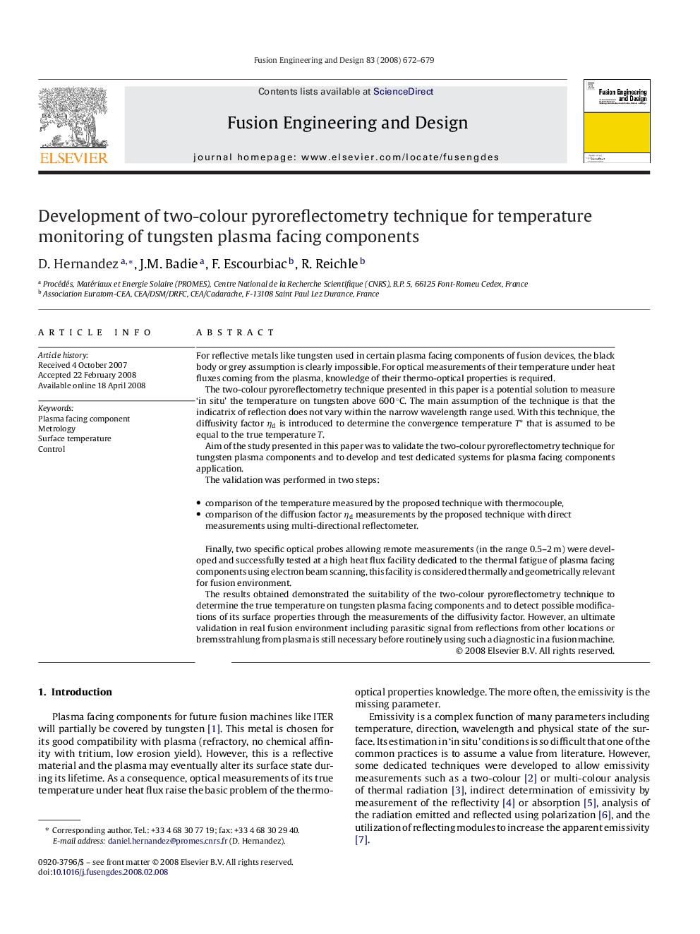 Development of two-colour pyroreflectometry technique for temperature monitoring of tungsten plasma facing components