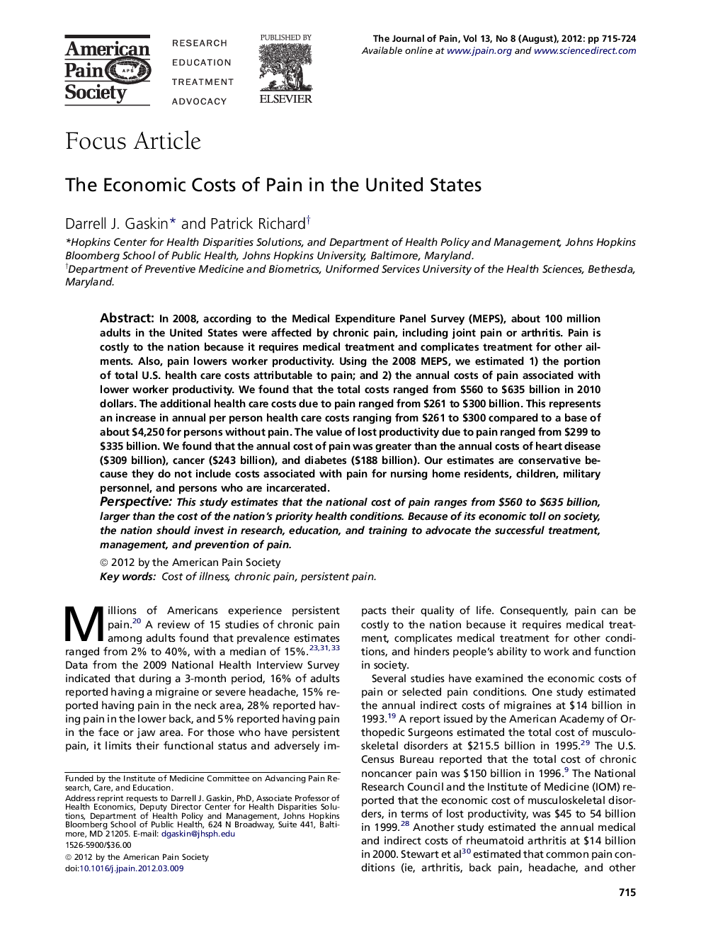 The Economic Costs of Pain in the United States 