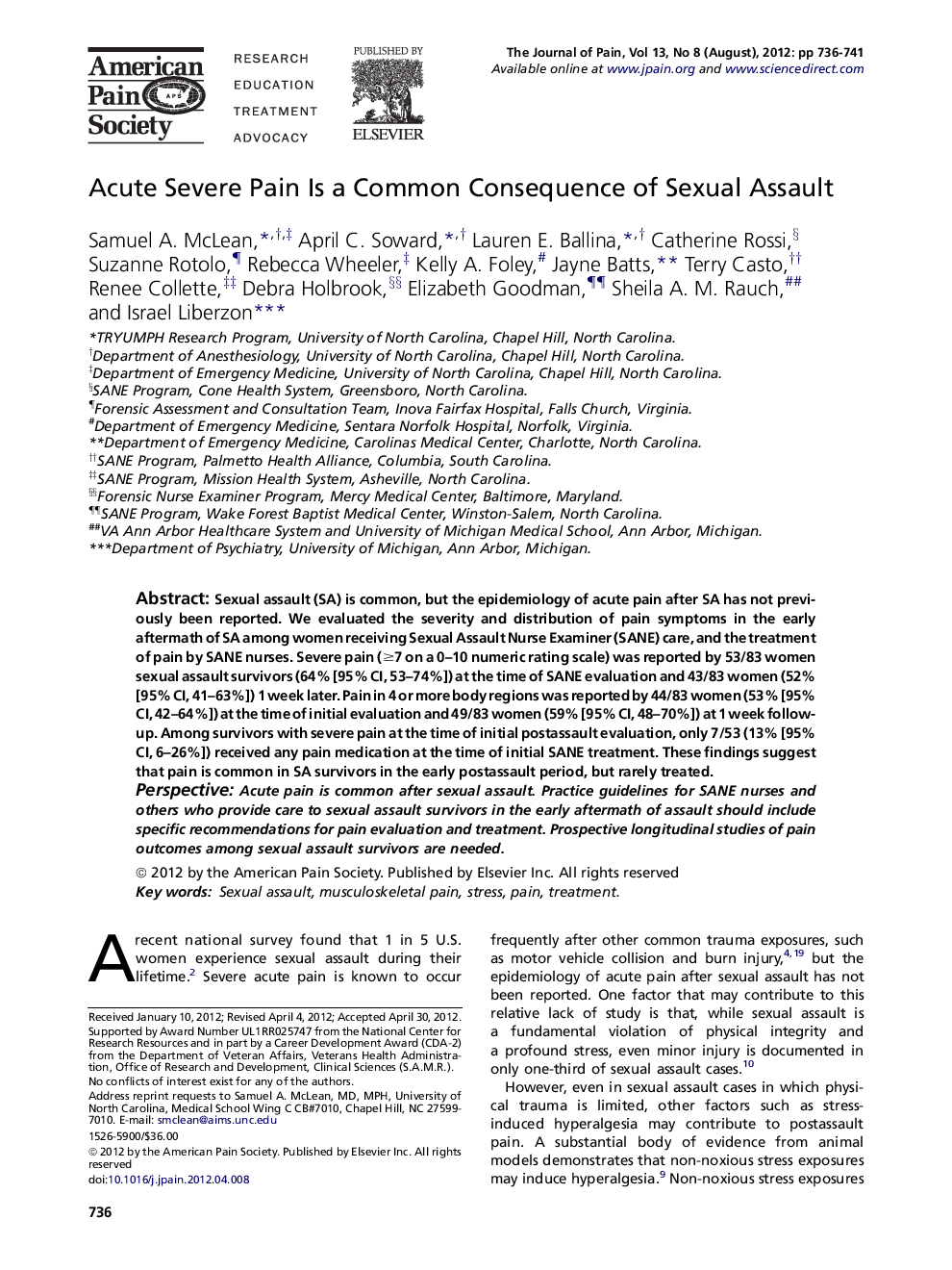 Acute Severe Pain Is a Common Consequence of Sexual Assault 