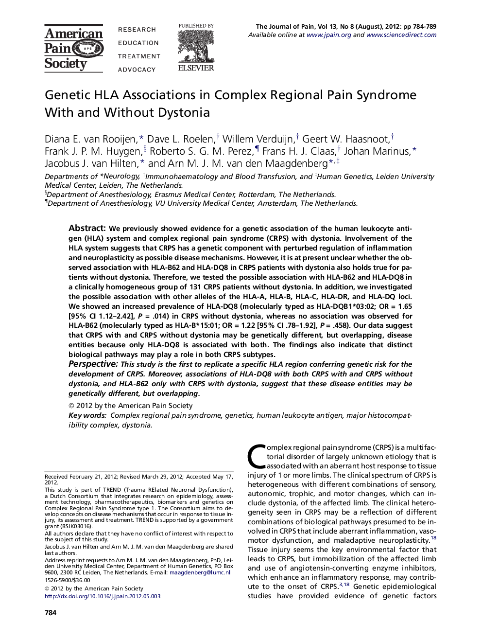 Genetic HLA Associations in Complex Regional Pain Syndrome With and Without Dystonia 