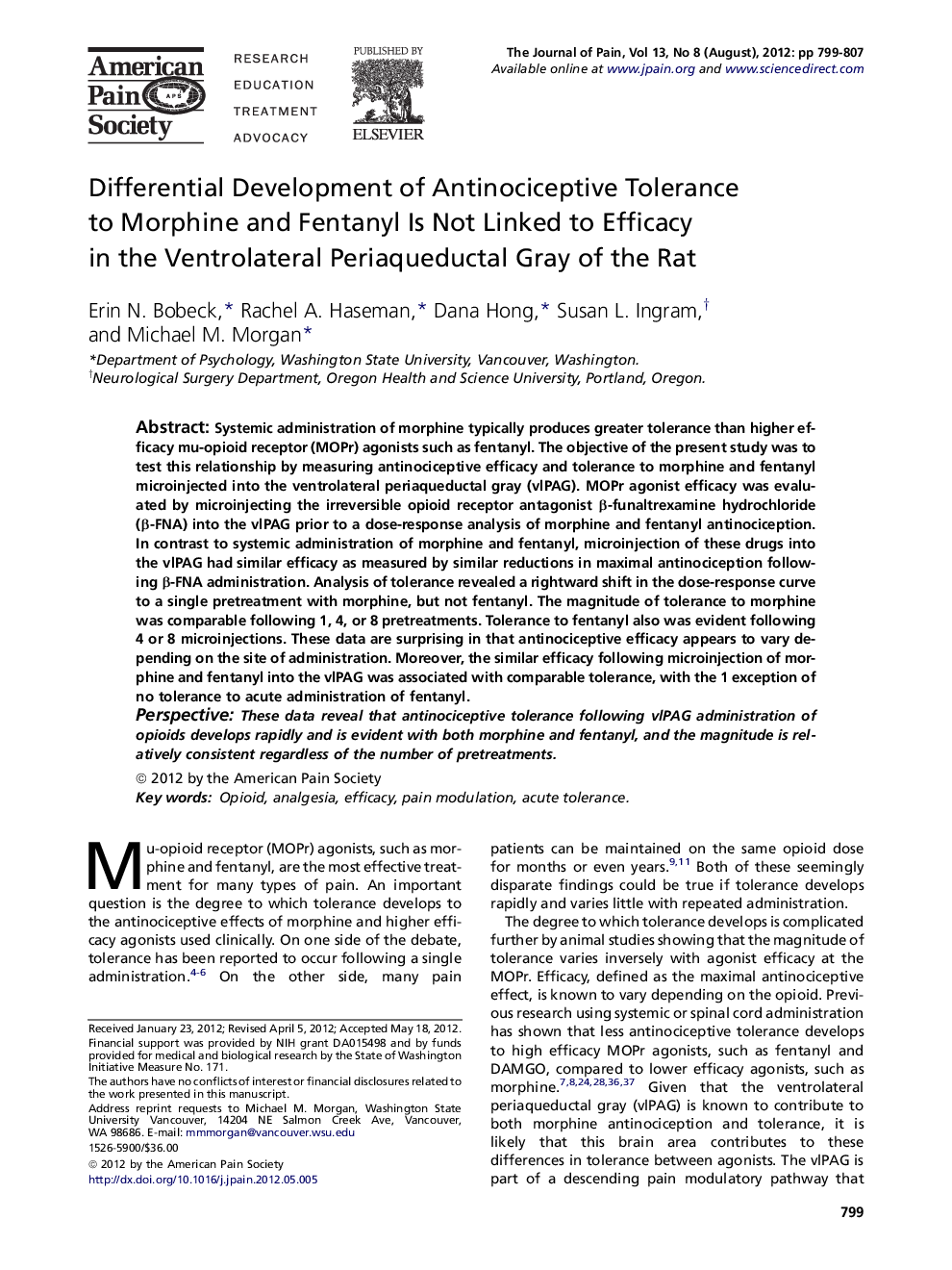 Differential Development of Antinociceptive Tolerance to Morphine and Fentanyl Is Not Linked to Efficacy in the Ventrolateral Periaqueductal Gray of the Rat 