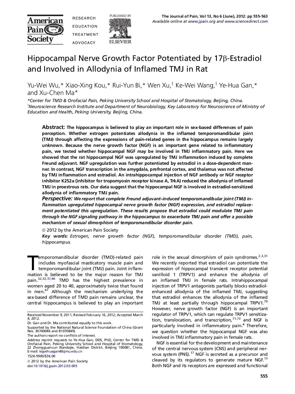 Hippocampal Nerve Growth Factor Potentiated by 17β-Estradiol and Involved in Allodynia of Inflamed TMJ in Rat 