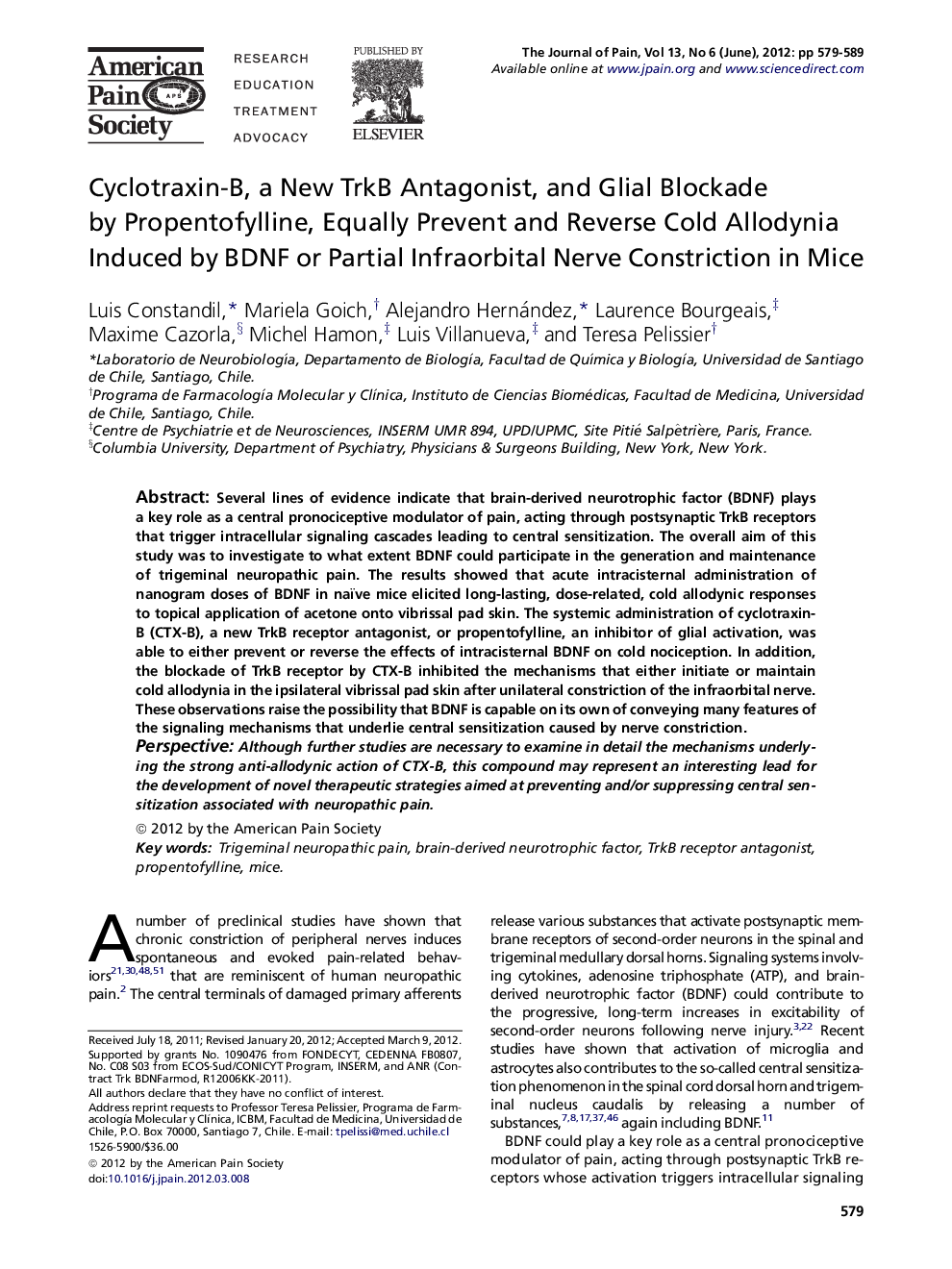 Cyclotraxin-B, a New TrkB Antagonist, and Glial Blockade by Propentofylline, Equally Prevent and Reverse Cold Allodynia Induced by BDNF or Partial Infraorbital Nerve Constriction in Mice 