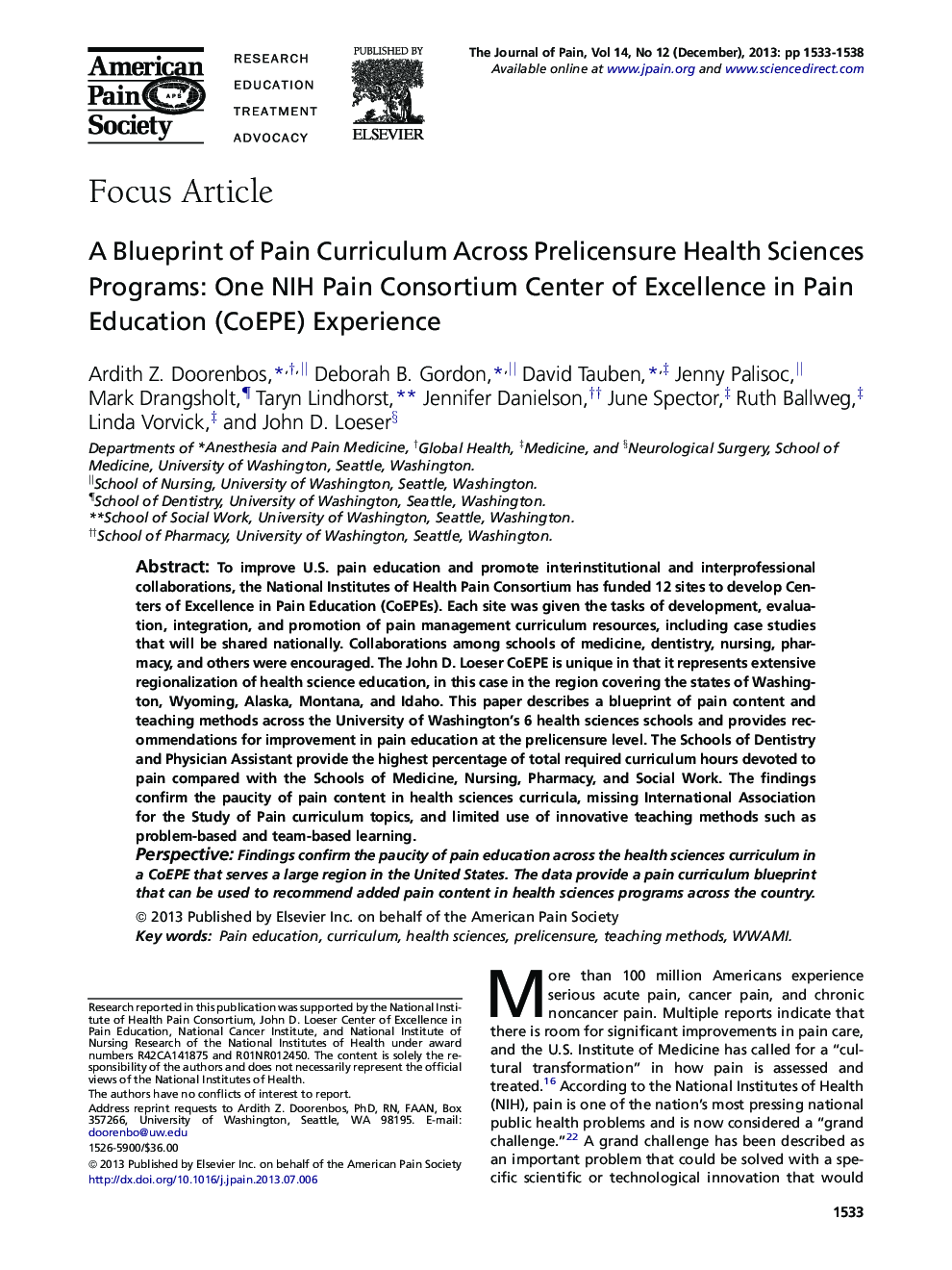 A Blueprint of Pain Curriculum Across Prelicensure Health Sciences Programs: One NIH Pain Consortium Center of Excellence in Pain Education (CoEPE) Experience 