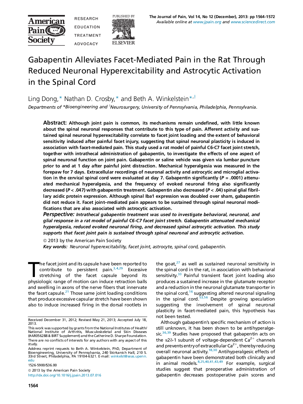 Gabapentin Alleviates Facet-Mediated Pain in the Rat Through Reduced Neuronal Hyperexcitability and Astrocytic Activation in the Spinal Cord 