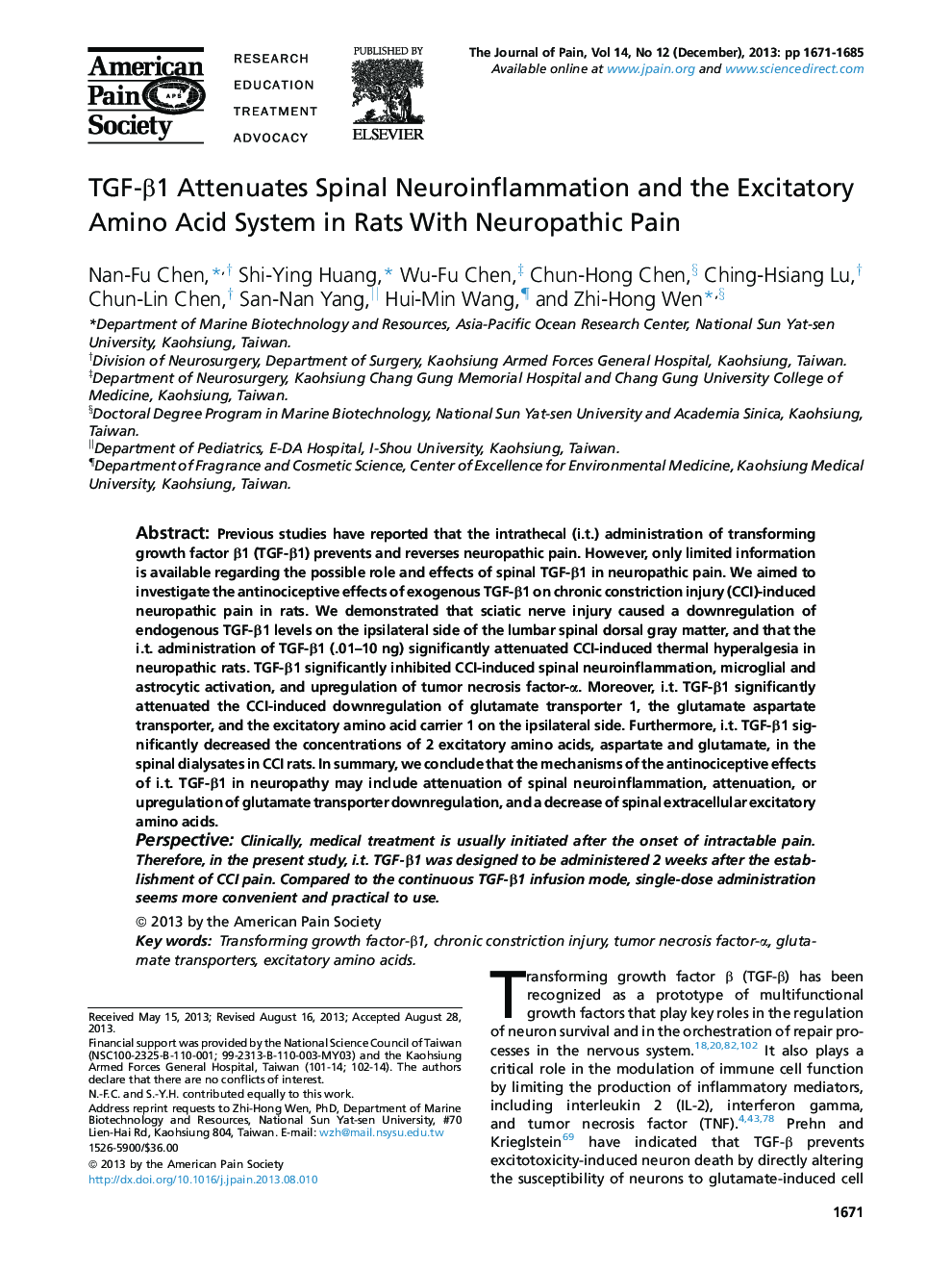 TGF-β1 Attenuates Spinal Neuroinflammation and the Excitatory Amino Acid System in Rats With Neuropathic Pain 