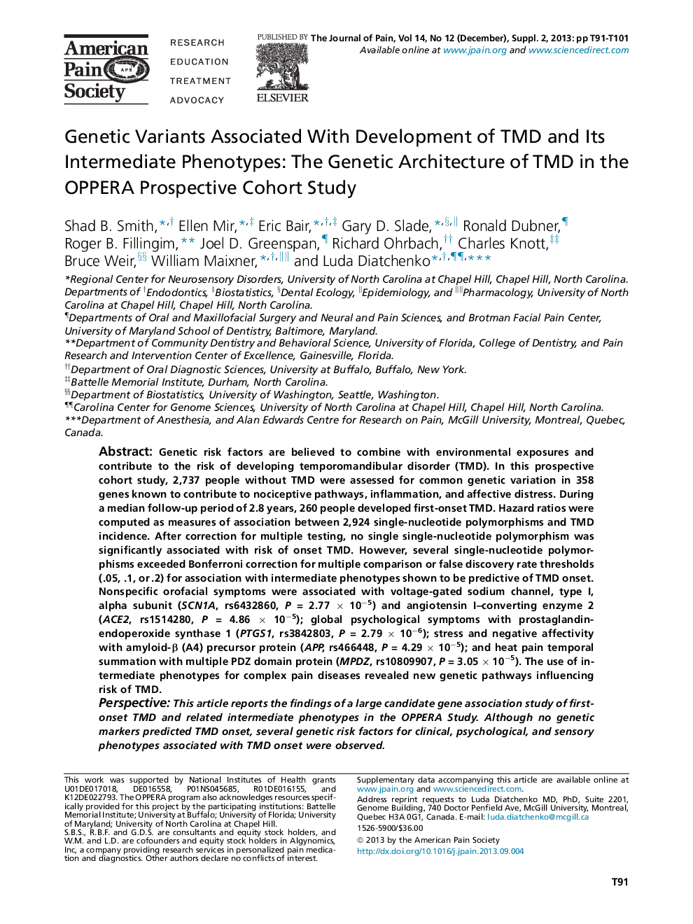 Genetic Variants Associated With Development of TMD and Its Intermediate Phenotypes: The Genetic Architecture of TMD in the OPPERA Prospective Cohort Study