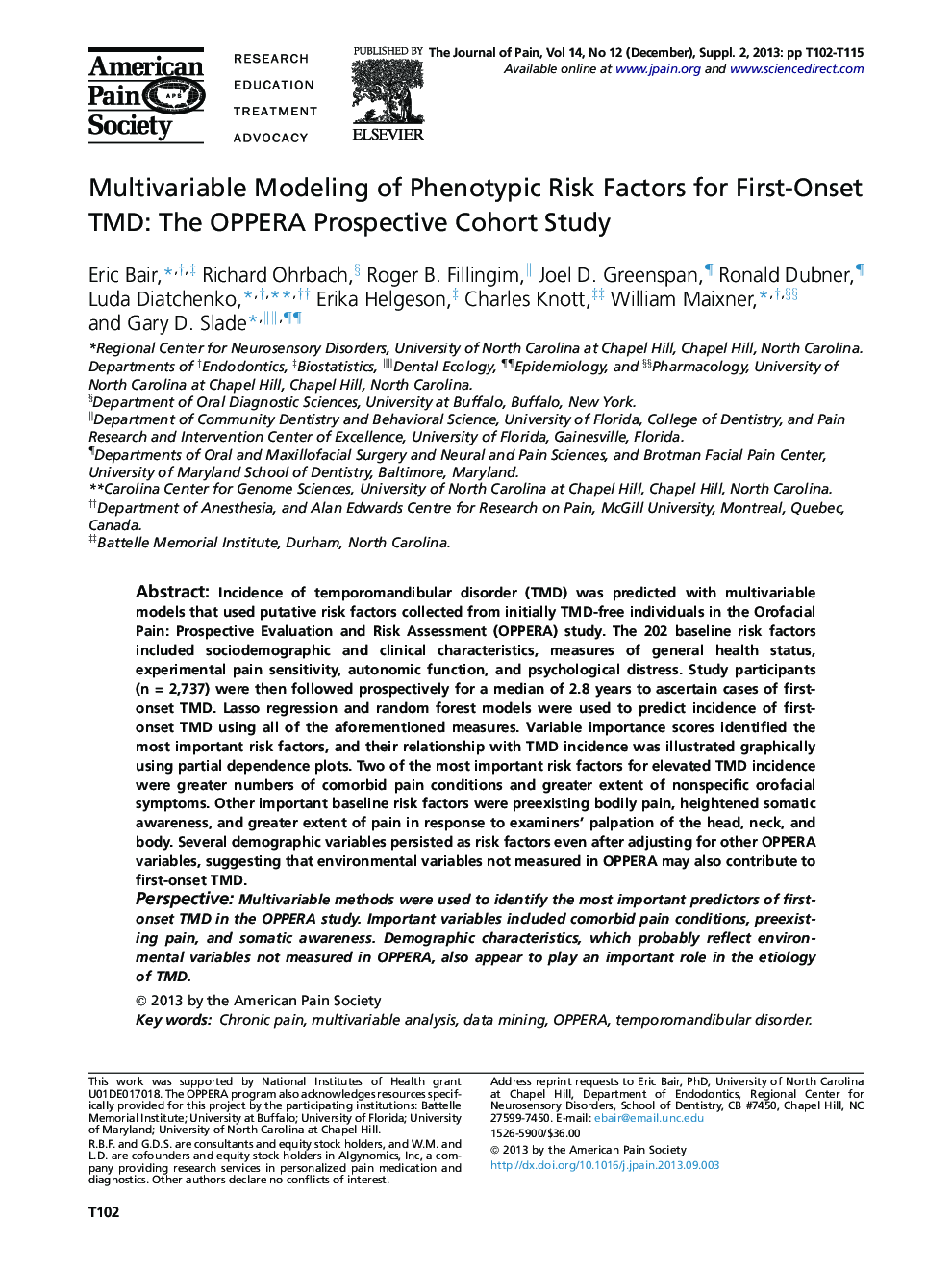 Multivariable Modeling of Phenotypic Risk Factors for First-Onset TMD: The OPPERA Prospective Cohort Study 