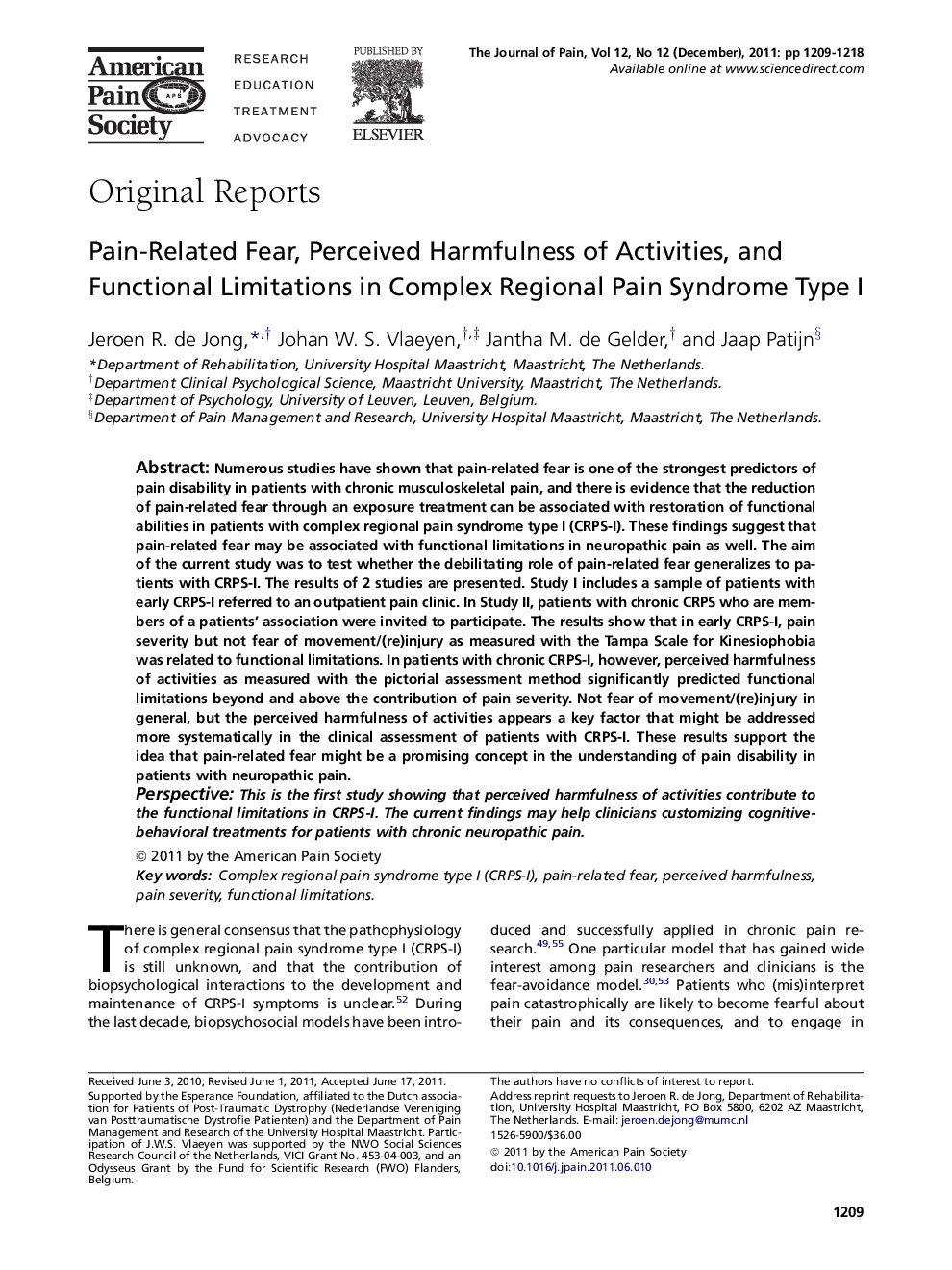 Pain-Related Fear, Perceived Harmfulness of Activities, and Functional Limitations in Complex Regional Pain Syndrome Type I 