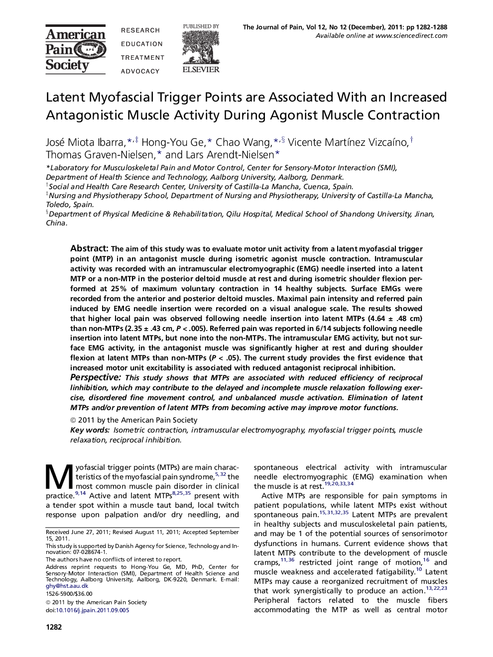 Latent Myofascial Trigger Points are Associated With an Increased Antagonistic Muscle Activity During Agonist Muscle Contraction 