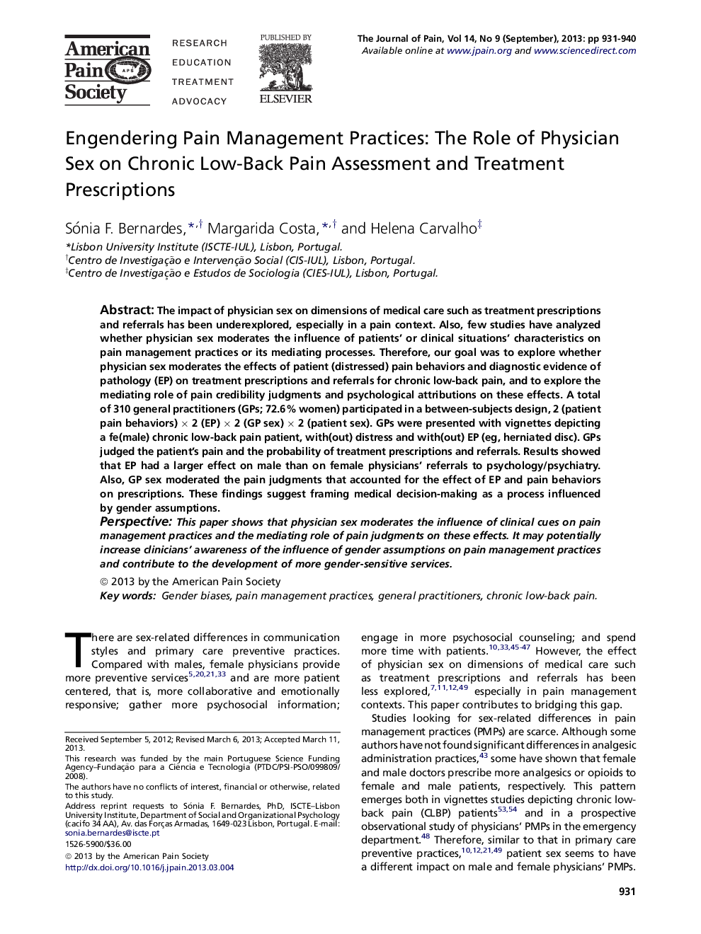 Engendering Pain Management Practices: The Role of Physician Sex on Chronic Low-Back Pain Assessment and Treatment Prescriptions 