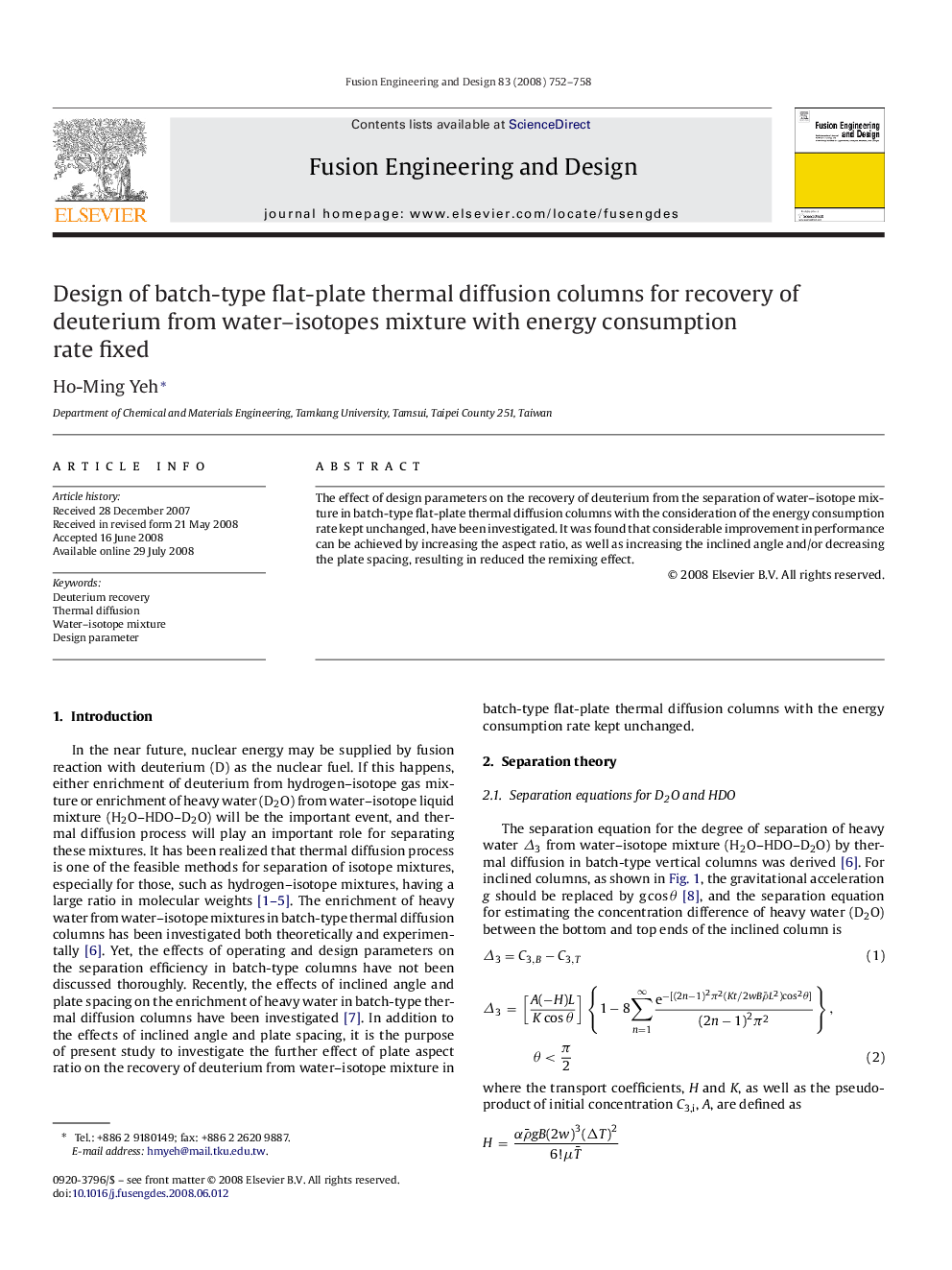 Design of batch-type flat-plate thermal diffusion columns for recovery of deuterium from water–isotopes mixture with energy consumption rate fixed