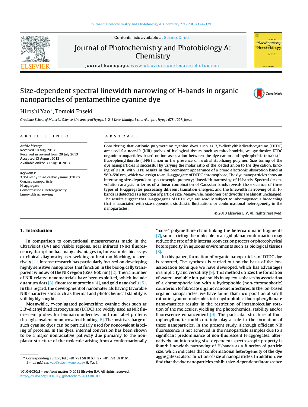 عکس صفحه اول مقاله: Size-dependent spectral linewidth narrowing of H-bands in organic nanoparticles of pentamethine cyanine dye Size-dependent spectral linewidth narrowing of H-bands in organic nanoparticles of pentamethine cyanine dye