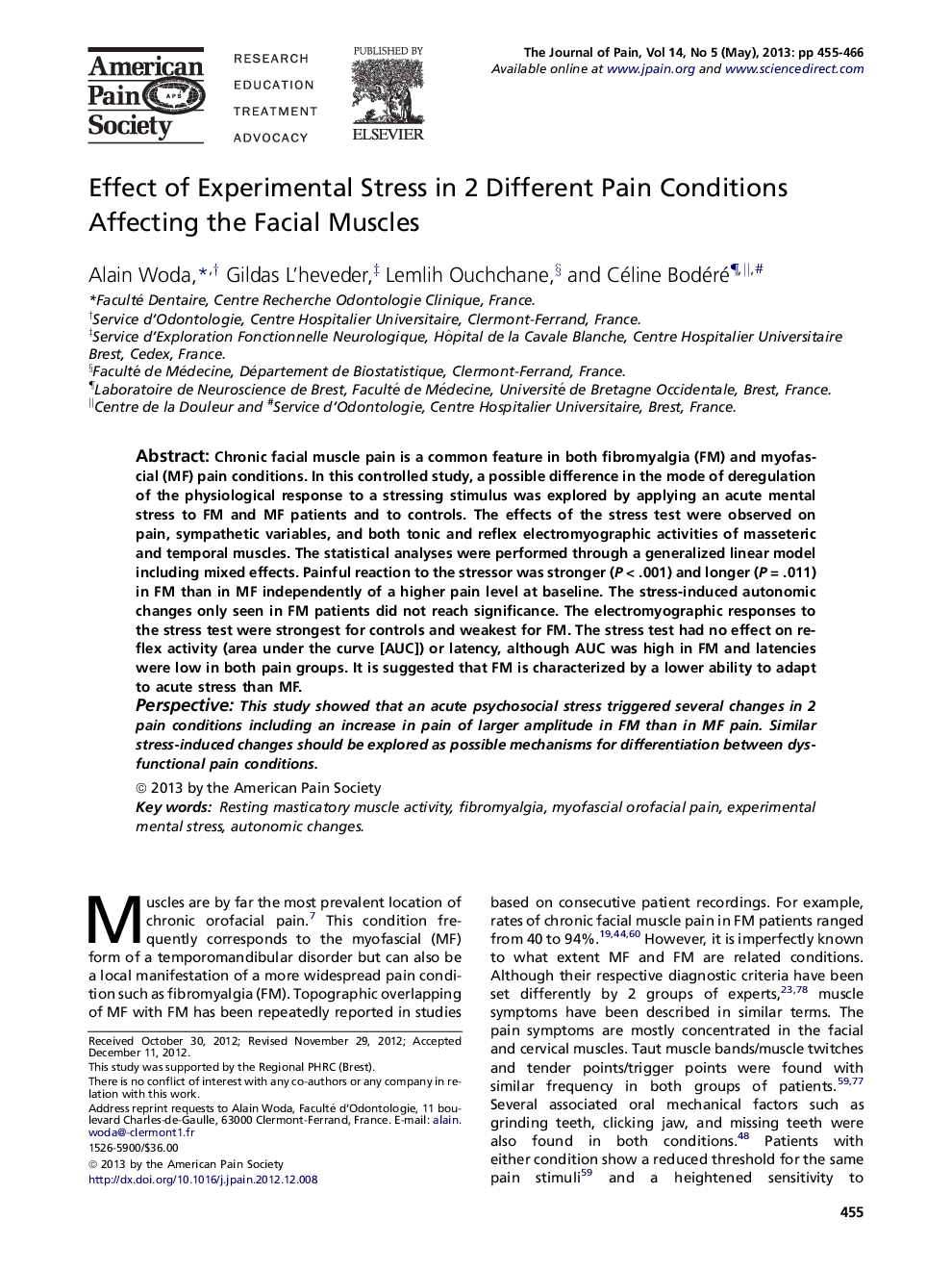 Effect of Experimental Stress in 2 Different Pain Conditions Affecting the Facial Muscles 