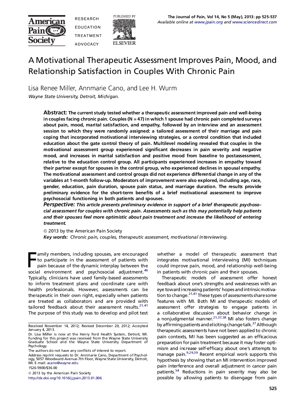 A Motivational Therapeutic Assessment Improves Pain, Mood, and Relationship Satisfaction in Couples With Chronic Pain 