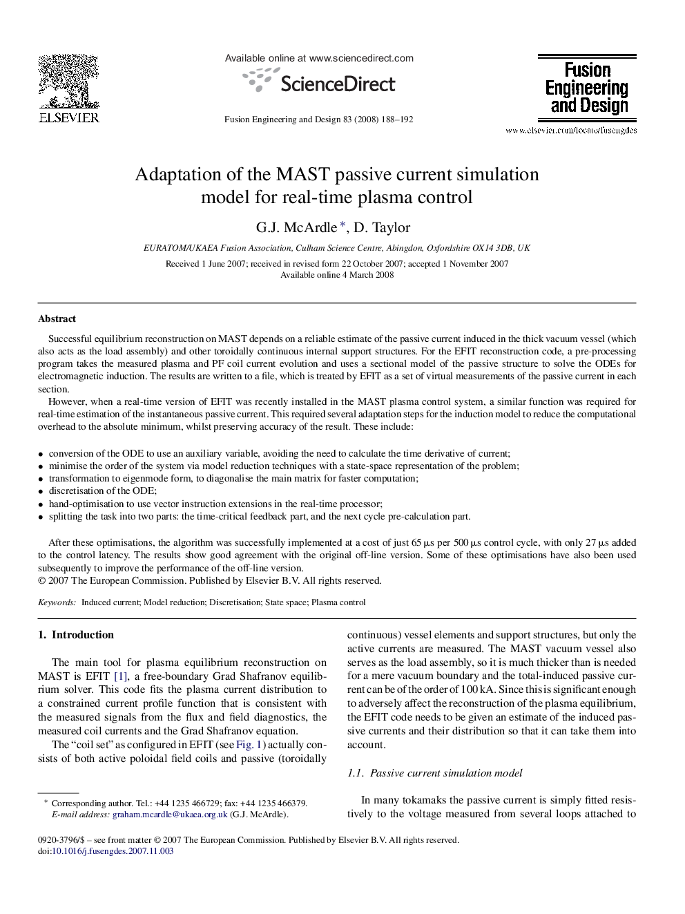 Adaptation of the MAST passive current simulation model for real-time plasma control